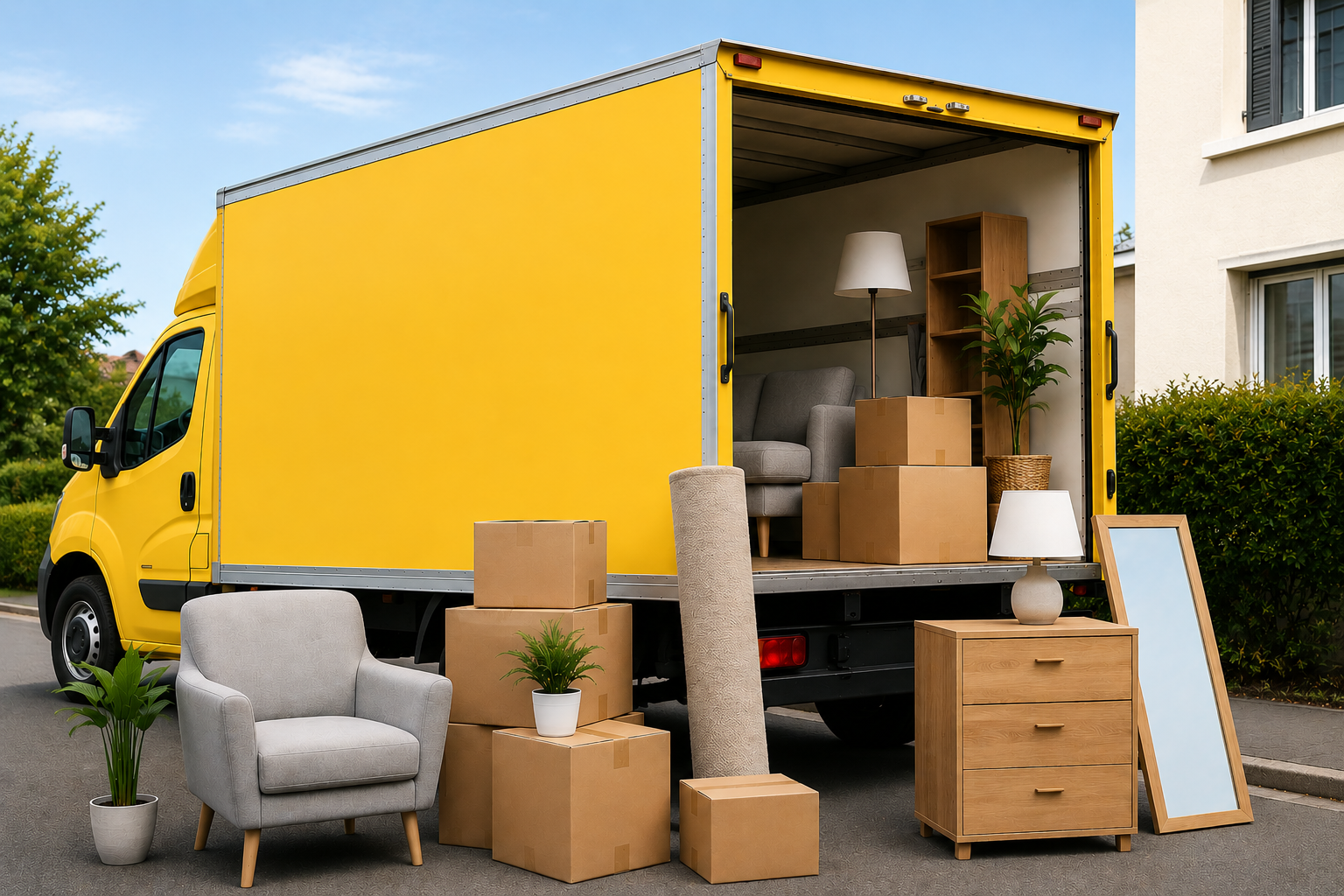 Camion de débarras avec meubles et cartons